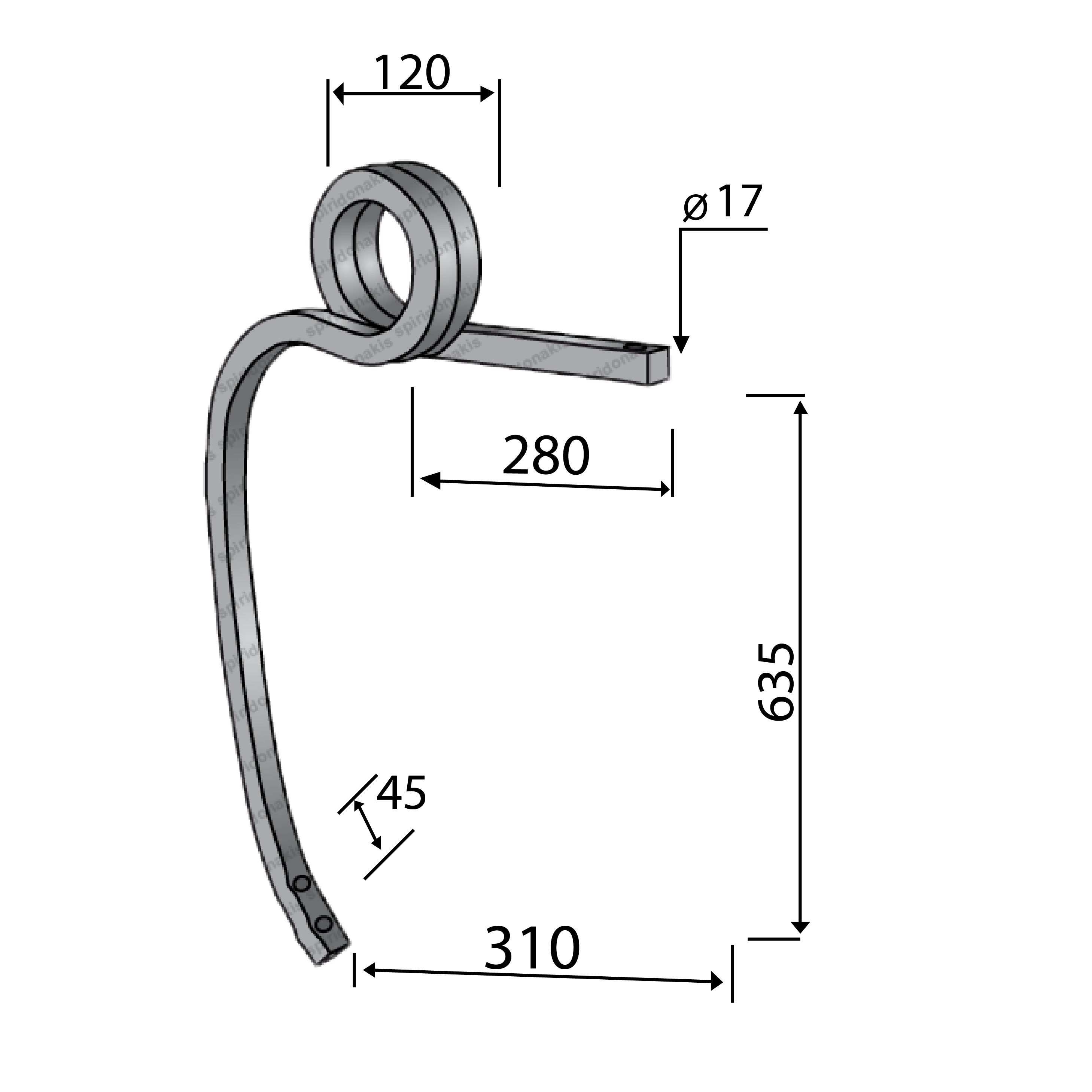 Cultivator Double Coil Tine 30x30 Without Point Left Bianchi